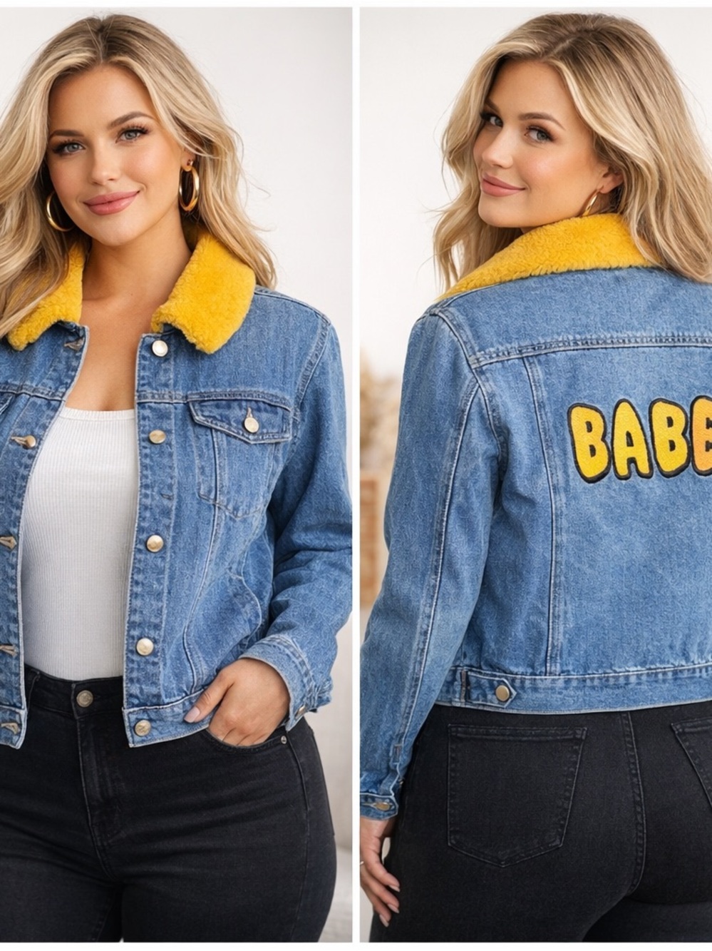 Samantha Sipos Denim Jacket Faux Shearling Collar BABE Patch Back Size 2XL - Picture 1 of 8